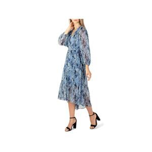 Joie Parisian Paisley Blue Midi Dress Sheer Long Sleeve V-Neck High-Low XXL